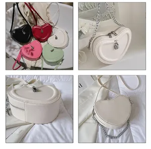 Detailed grid view of heart-shaped mini crossbody bags with gold padlock and chain straps