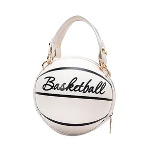Sac bandoulière rond blanc en forme de basket en cuir PU grainé avec sangle chaîne