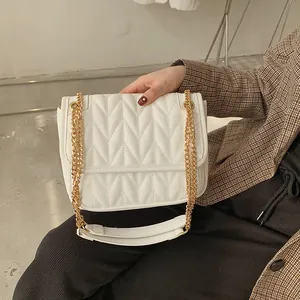 Women Quilted Chain Shoulder Bag PU Leather V Shape Embroidery Crossbody Bag Fashion Square Handbag For Daily Party