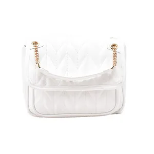 White quilted faux leather crossbody bag with elegant gold chain strap and V-pattern