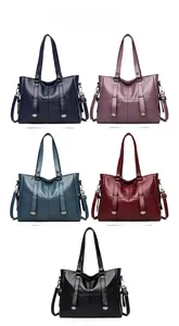 Detailed color display of PU leather tote bags in blue, purple, red, and black