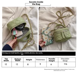 Detailed size chart and capacity info for the green quilted mini chain box bag
