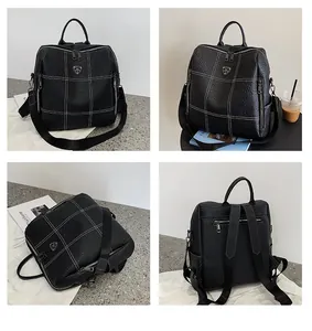 Détails d'un sac à dos en cuir noir avec coutures blanches en treillis sous quatre angles