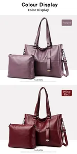 Detail view of purple and wine red soft leather tote bag with matching inner pouch
