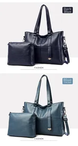 Detail view of large blue leather tote and matching crossbody bag with metal accents