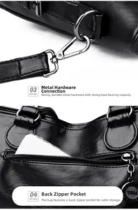 Detail of black leather tote showing metal hook clasp and secure back zipper pocket
