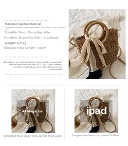 Comparaison de taille du sac en paille tressée avec nœud en dentelle et un iPad