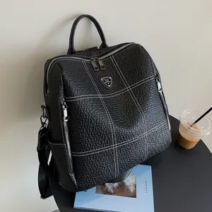 Sac à Dos de Mode pour Femmes en Cuir PU Avec Surpiqûres de Grille Contrastées Poches Multiples Grande Capacité Sac de Voyage École Noir