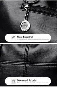 Detail of premium black pebble leather texture and metallic zipper with TRM branding