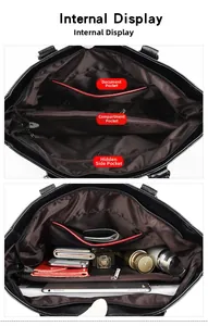Internal view of large black leather tote bag showing spacious compartments and storage