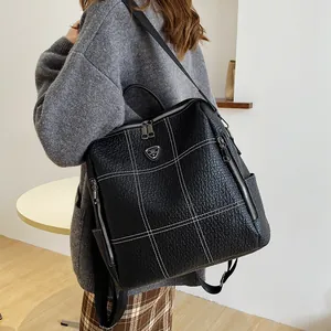 Sac à dos chic en cuir noir à motif litchi avec surpiqûres quadrillées pour femmes