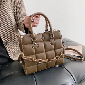 Vintage Quilted Square PU Leather Handbag For Women Chunky Chain Crossbody Bag With Adjustable Shoulder Strap Top Handle