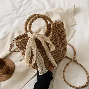 Sac à Main en Paille Tissée d'Été pour Femmes Avec Nœud en Dentelle Sac Bandoulière Demi-Lune Décontracté Plage Vacances