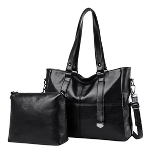 Black PU leather tote bag set for women with large capacity shoulder straps and small pouch