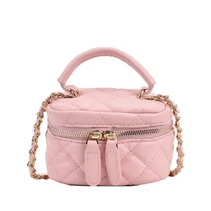 Pink quilted PU leather mini vanity bag with gold chain strap and top handle