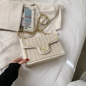 Women Artificial Pearl Woven Straw Shoulder Bag With Chain Strap Summer Beach Vacation Crossbody Bag Elegant French Style Square Bag