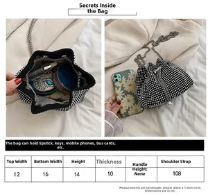 Size chart for rhinestone bucket bag with dimensions and capacity for phone and lipstick