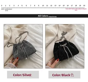 Detail of rhinestone bucket bags in silver and black with chain straps and 20cm scale ruler