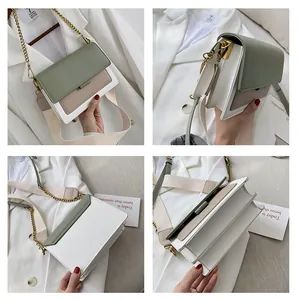 Multi-angle views of a stylish patchwork crossbody bag with gold chain and wide straps