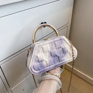 Textured purple marble bubble mini box bag with gold metal handle and chain strap
