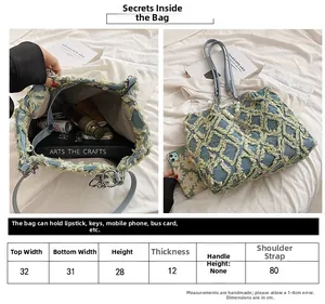 Guide des tailles et capacité du grand sac cabas en denim avec motif à losanges effilochés