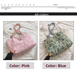 Détail de grands sacs cabas en denim avec motifs matelassés en rose et bleu clair