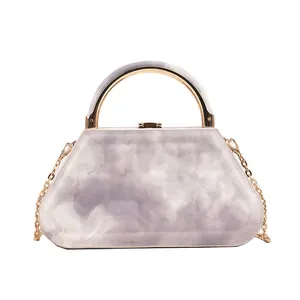 Modern marble pattern acrylic box bag with gold metal handle and chain strap