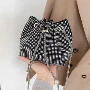 Fashion Rhinestone Bucket Bag For Women Metal Chain Strap Artificial Pearl Drawstring Shoulder Crossbody Bag Evening Party Handbag