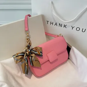 Fashion Candy Color Underarm Bag Women PU Leather Square Flip Shoulder Bag With Satin Scarf Decor Metal Chain Strap Top Handle Bag