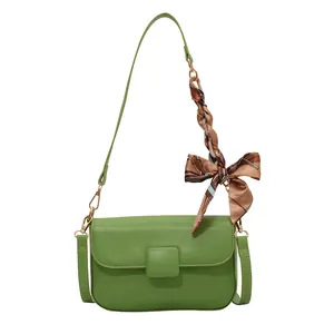 Chic grass green underarm shoulder bag with chain strap and decorative floral silk scarf