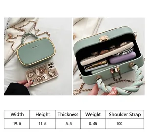 Detailed size chart for mint green box bag showing dimensions and interior capacity
