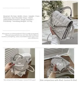White quilted PU crossbody bag with silver chain detail and 25x17x8cm dimension specs