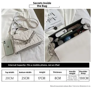 Size chart for white quilted crossbody bag with precise dimensions and interior capacity