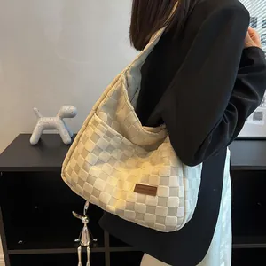 Chic beige checkered tote bag with large capacity and shoulder strap for women