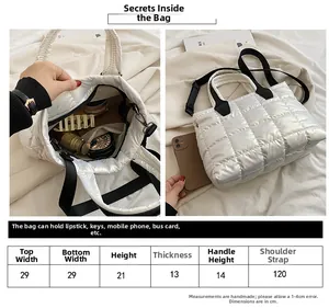Size guide for large capacity quilted puffer tote bag with interior compartment layout