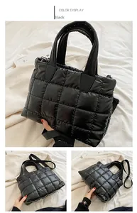 Detail view of black quilted puffer tote bag with glossy finish and detachable shoulder strap
