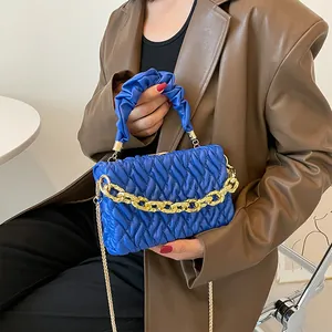 Women's Quilted Pleated Handbag Gold Chain PU Leather Crossbody Shoulder Bag Small Square Cloud Bag Fashion Clutch Purse