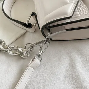 Detail of silver chain strap and pebbled leather texture on white crossbody bag