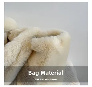Close-up of soft faux fur shell fabric on the large cream white plush tote bag