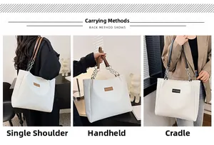 Dettaglio della borsa shopper trapuntata bianca con catena e toppa con logo moda