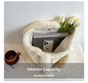 Top view of white faux fur tote bag showing spacious interior with magnetic snap closure