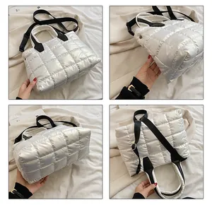 Detail view of silver quilted tote bag featuring metallic fabric and black straps from four angles