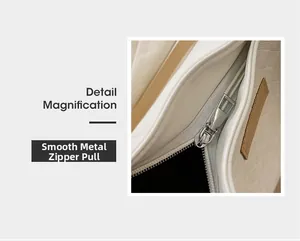 Dettaglio dell'ingrandimento della cerniera in metallo argento e della trama della borsa