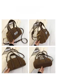 Detailed views of the brown plush crossbody bag with leather handles and brand label