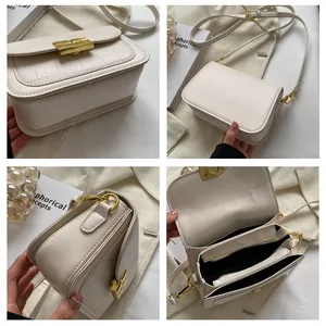 Detailed views of beige crossbody bag showing crocodile texture and internal compartments