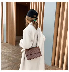 Detail of dark brown quilted crossbody bag with V-shaped texture and chain strap