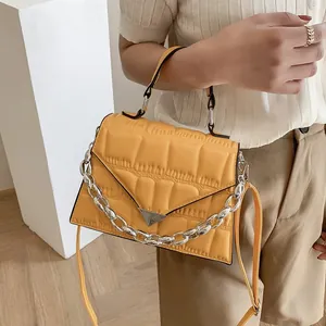 Women Quilted PU Leather Crossbody Bag With Silver Metal Chain Square Embossed Shoulder Bag Triangle Buckle Fashion Handbag