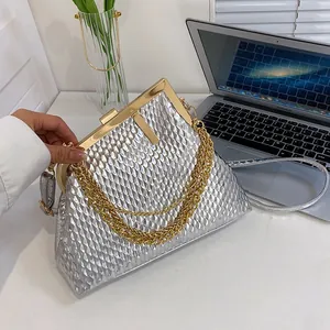 Damen Vintage Abendtasche PU Leder Fischschuppen Textur Gold Metallrahmen Kette Muschel Umhängetasche Bankett Party