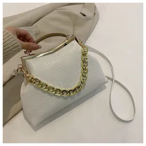 Macro detail van witte tas met lychee patroon en vintage gouden metalen frame