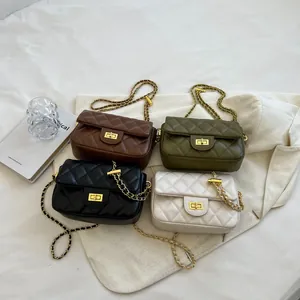 Minimalist diamond quilted flap bag with gold chain strap in brown green black and white